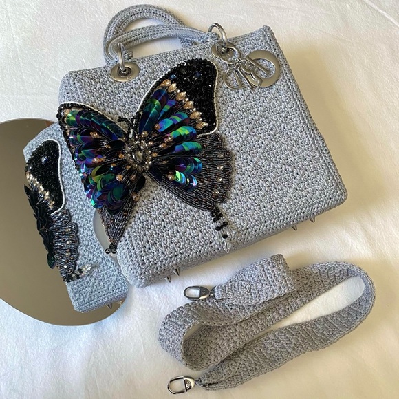 Grey Crocheted Sequin & Beaded Butterfly Purse - Picture 2 of 14